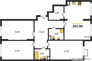 Планировка трехкомнатной(квартира) площадью 98.9 квадратных метров в ЖК “ЖК Ново-Молоково”