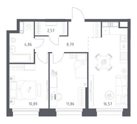 Планировка двухкомнатной(апартаменты) площадью 55.54 квадратных метров в ЖК “ЖК Апарт-отель Тропарево парк”