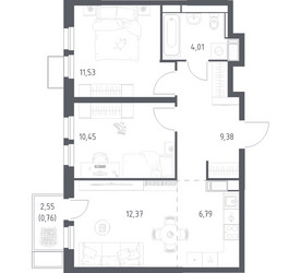 Планировка двухкомнатной(квартира) площадью 55.29 квадратных метров в ЖК “ЖК Большое Путилково”