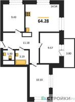 Планировка трехкомнатной(квартира) площадью 64.28 квадратных метров в “ЖК ВОСТОК II”