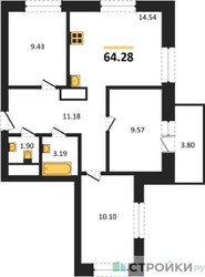 Планировка трехкомнатной(квартира) площадью 64.28 квадратных метров в ЖК “ЖК ВОСТОК II”