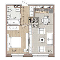 Планировка однокомнатной(квартира) площадью 43 квадратных метров в “ЖК Гранд Комфорт”