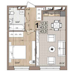 Планировка однокомнатной(квартира) площадью 43 квадратных метров в ЖК “ЖК Гранд Комфорт”