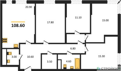 Планировка 4+ комнатной(квартира) площадью 108.6 квадратных метров в ЖК “ЖК Переделкино Ближнее”