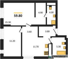 Планировка двухкомнатной(квартира) площадью 59.8 квадратных метров в “ЖК Детали”