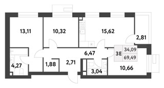 Планировка трехкомнатной(квартира) площадью 69.49 квадратных метров в “ЖК Smart Garden (Смарт Гарден)”