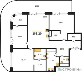 Планировка трехкомнатной(квартира) площадью 135.2 квадратных метров в ЖК “ЖК Большая Татарская 35”