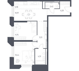 Планировка двухкомнатной(апартаменты) площадью 62.5 квадратных метров в ЖК “ЖК Скай Спутник”