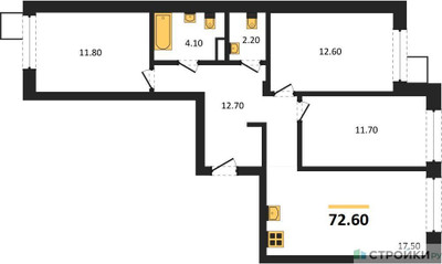 Планировка трехкомнатной(квартира) площадью 72.6 квадратных метров в ЖК “ЖК Никольский квартал Отрада”