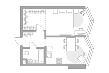 Планировка однокомнатной(квартира) площадью 43.29 квадратных метров в ЖК “ЖК Мневники от Гранель”