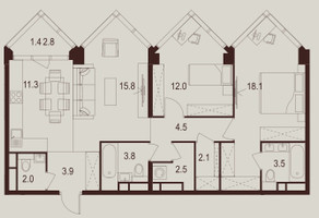 Планировка двухкомнатной(квартира) площадью 80.9 квадратных метров в “ЖК INDY Towers (Инди Тауэрс)”