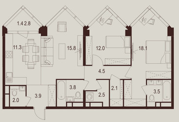 Планировка двухкомнатной(квартира) площадью 80.9 квадратных метров в ЖК “ЖК INDY Towers (Инди Тауэрс)”