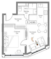 Планировка однокомнатной(квартира) площадью 42 квадратных метров в “ЖК Dream Riva (Дрим Рива)”