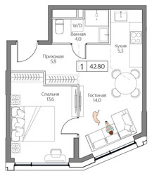 Планировка однокомнатной(квартира) площадью 42 квадратных метров в ЖК “ЖК Dream Riva (Дрим Рива)”
