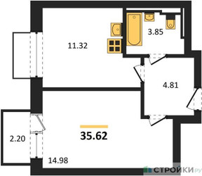 Планировка однокомнатной(квартира) площадью 35.62 квадратных метров в ЖК “ЖК Рублевский Квартал”