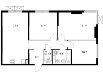 Планировка трехкомнатной(квартира) площадью 79 квадратных метров в ЖК “ЖК Руставели 14”