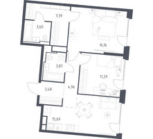 Планировка двухкомнатной(квартира) площадью 66.44 квадратных метров в “ЖК Квартал на воде (Графика на воде)”