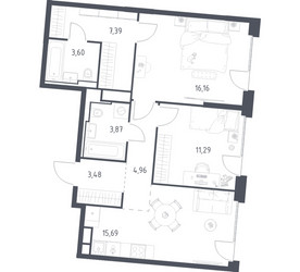 Планировка двухкомнатной(квартира) площадью 66.44 квадратных метров в ЖК “ЖК Квартал на воде (Графика на воде)”