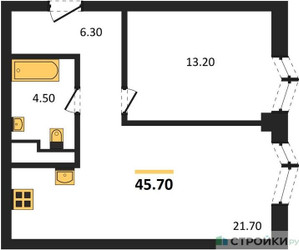 Планировка однокомнатной(квартира) площадью 45.7 квадратных метров в ЖК “ЖК Айс Тауэрс”