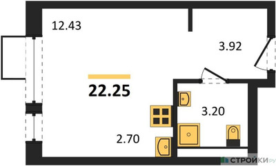 Планировка студии(квартира) площадью 22.25 квадратных метров в ЖК “Квартал Ивакино”