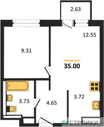 Планировка однокомнатной(квартира) площадью 35 квадратных метров в ЖК “ЖК Прибрежный Парк”
