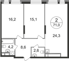 Планировка двухкомнатной(квартира) площадью 71 квадратных метров в “ЖК Первый Московский”