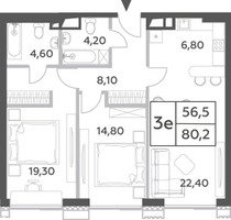 Планировка трехкомнатной(квартира) площадью 80.2 квадратных метров в “ЖК Will Towers (Вилл Тауэрс)”