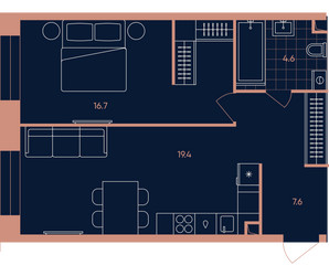 Планировка двухкомнатной(квартира) площадью 48.4 квадратных метров в ЖК “Квартал Эра”