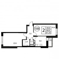 Планировка двухкомнатной(квартира) площадью 61.2 квадратных метров в “ЖК Космос”