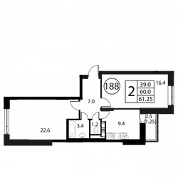 Планировка двухкомнатной(квартира) площадью 61.2 квадратных метров в ЖК “ЖК Космос”