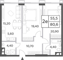 Планировка двухкомнатной(квартира) площадью 80.6 квадратных метров в “ЖК Will Towers (Вилл Тауэрс)”