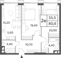 Планировка двухкомнатной(квартира) площадью 80.6 квадратных метров в ЖК “ЖК Will Towers (Вилл Тауэрс)”