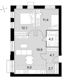 Планировка трехкомнатной(квартира) площадью 60.4 квадратных метров в ЖК “ЖК Дубровицы клаб”