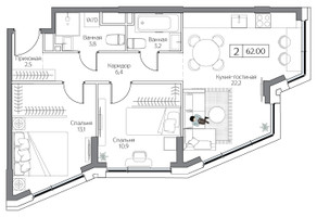 Планировка двухкомнатной(квартира) площадью 62 квадратных метров в “ЖК Дрим Рива”