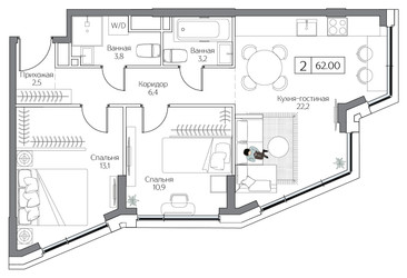 Планировка двухкомнатной(квартира) площадью 62 квадратных метров в ЖК “ЖК Дрим Рива”