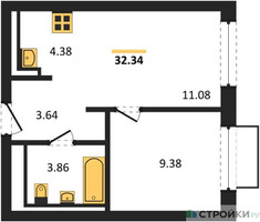 Планировка однокомнатной(квартира) площадью 32.34 квадратных метров в “ЖК Квартал Марьино”