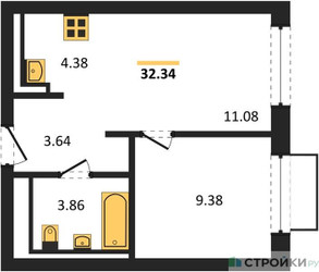 Планировка однокомнатной(квартира) площадью 32.34 квадратных метров в ЖК “ЖК Квартал Марьино”