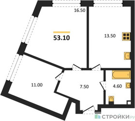 Планировка двухкомнатной(квартира) площадью 53.1 квадратных метров в ЖК “ЖК Шагал”
