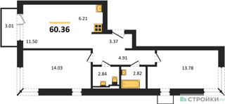 Планировка двухкомнатной(квартира) площадью 60.36 квадратных метров в “ЖК Квартал Западный”