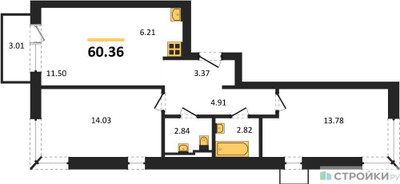 Планировка двухкомнатной(квартира) площадью 60.36 квадратных метров в ЖК “ЖК Квартал Западный”