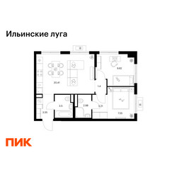 Планировка двухкомнатной(квартира) площадью 52.42 квадратных метров в ЖК “ЖК Ильинские луга”