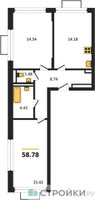 Планировка двухкомнатной(квартира) площадью 58.78 квадратных метров в “ЖК Квартал Строгино”