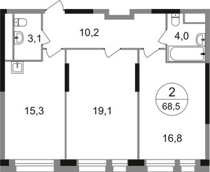 Планировка двухкомнатной(квартира) площадью 68.5 квадратных метров в ЖК “ЖК Первый Московский”