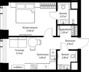 Планировка однокомнатной(квартира) площадью 42.48 квадратных метров в ЖК “ЖК Веер”