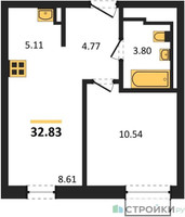 Планировка однокомнатной(квартира) площадью 32.83 квадратных метров в “ЖК Квартал Строгино”