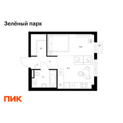 Планировка однокомнатной(квартира) площадью 30.6 квадратных метров в ЖК “ЖК Зеленый парк”