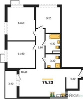 Планировка трехкомнатной(квартира) площадью 75.2 квадратных метров в “ЖК Деснаречье”