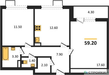 Планировка двухкомнатной(квартира) площадью 59.2 квадратных метров в “ЖК 1-й Южный (Первый Южный)”