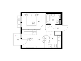 Планировка однокомнатной(квартира) площадью 36.8 квадратных метров в ЖК “ЖК Белая Дача парк”