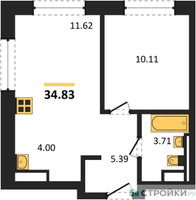 Планировка однокомнатной(квартира) площадью 34.83 квадратных метров в “ЖК ЭкоБунино (Южное Бунино)”